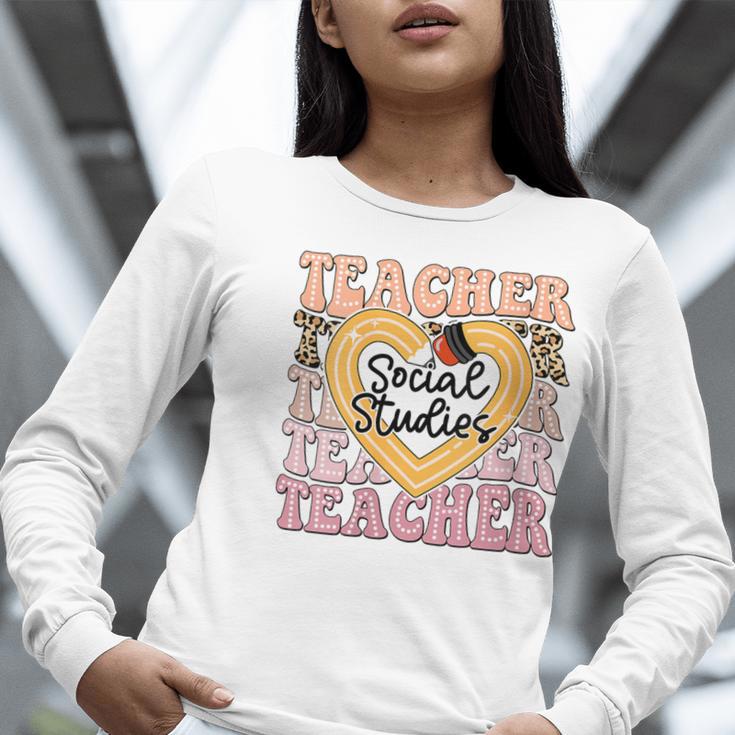 Social Studies Teacher Pencil Heart Leopard Back To School Women Long Sleeve T-Shirt, funny gift