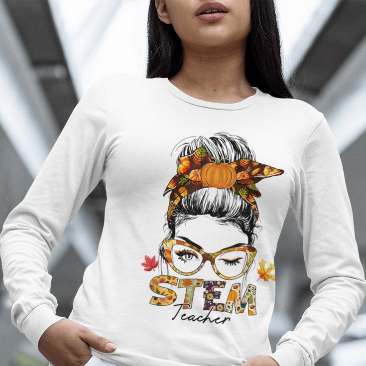 STEM Teacher Messy Bun Fall Vibes Autumn Thanksgiving Men Women Women Long Sleeve T-Shirt, funny gift