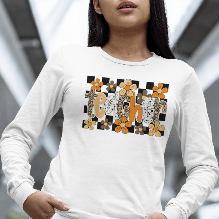Teacher Appreciation Boho Floral Leopard Checkered Women Long Sleeve T-Shirt, funny gift