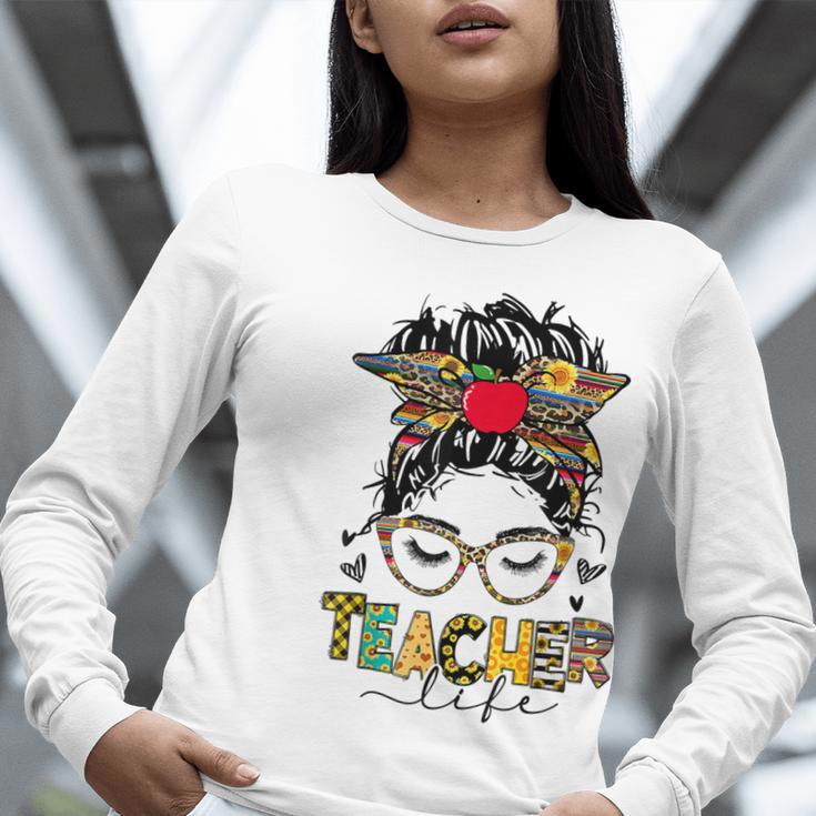 Teacher Life Messy Bun Glasses Leopard Sunflower Women Long Sleeve T-Shirt, funny gift