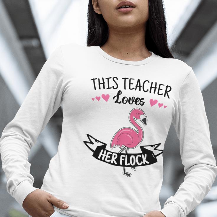 This Teacher Loves Her Flock Cute Flamingo Teacher Women Long Sleeve T-Shirt, funny gift