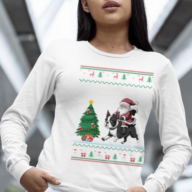 Ugly Christmas Tree Lights Xmas Santa Riding Boston Terrier Women Long Sleeve T-Shirt, Boston Terrier Christmas Shirts, Boston Terrier Riding Shirts, funny gift