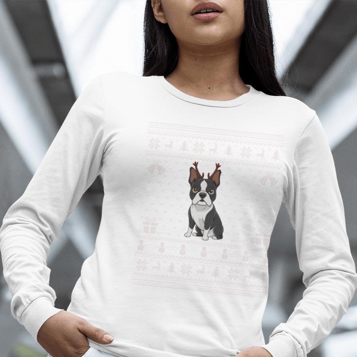 Ugly Xmas Sweater Style Boston Terrier Reindeer Christmas Women Long Sleeve T-Shirt, Boston Terrier Christmas Shirts, funny gift
