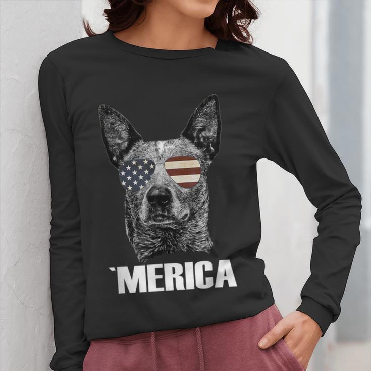 4th July Blue Heeler Dog Merica Patriotic USA Flag Cute Women Long Sleeve T-Shirt, funny design