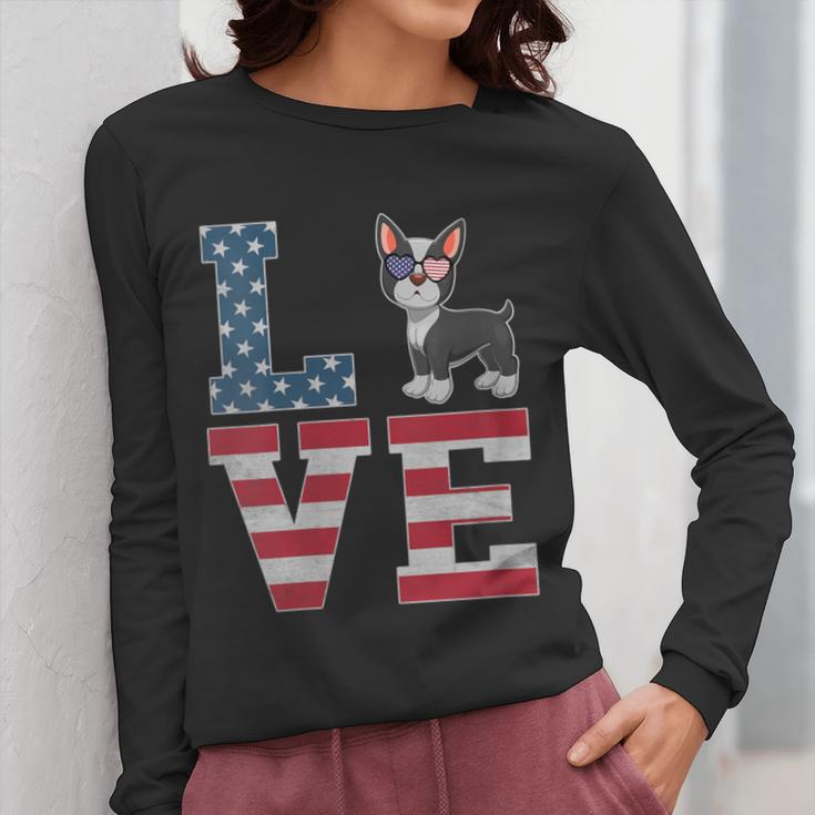 4th Of July Decor Patriotic LOVE Boston Terrier USA Flag Women Long Sleeve T-Shirt, Patriotic Boston Terrier Gifts, Boston Terrier 4th Of July Gifts, funny design