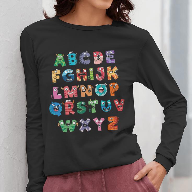 ABC Cute Monster Alphabet Halloween Teacher Costume Kids Women Long Sleeve T-Shirt, funny design