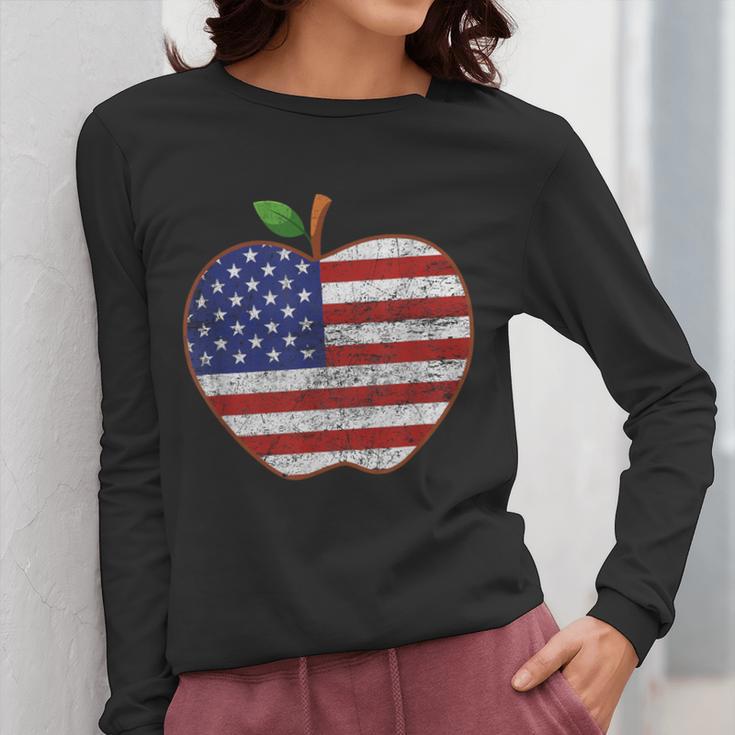 American Flag Teachers Students Apple 4th Of July Vintage Women Long Sleeve T-Shirt, funny design