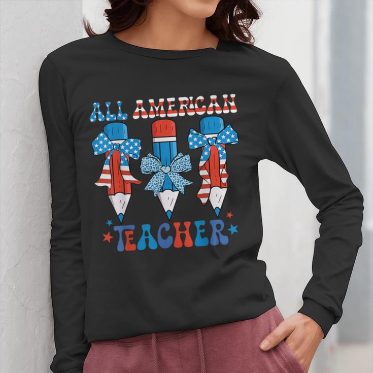 All American Teacher Pencil Coquette Bow USA Flag Teachers Women Long Sleeve T-Shirt, funny design