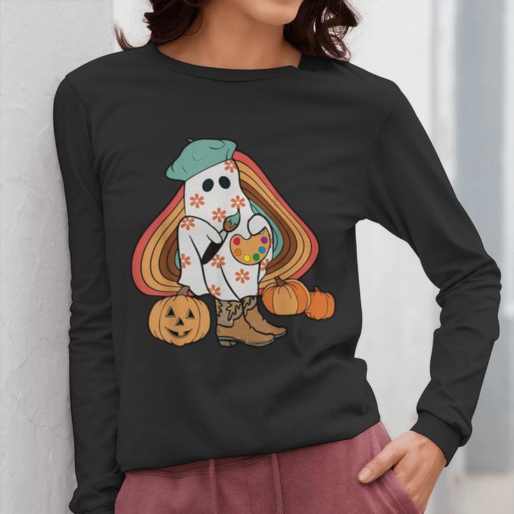 Art Teacher Painting Brushes Retro Pumpkin Ghost Artist Women Long Sleeve T-Shirt, funny design