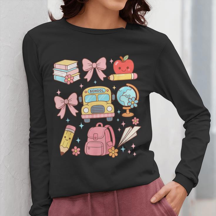 Back To School Coquette Teacher Women Girl Kindergarten PreK Women Long Sleeve T-Shirt, funny design Back To School Coquette Teacher Women Girl Kindergarten PreK Women Long Sleeve T-Shirt, funny design