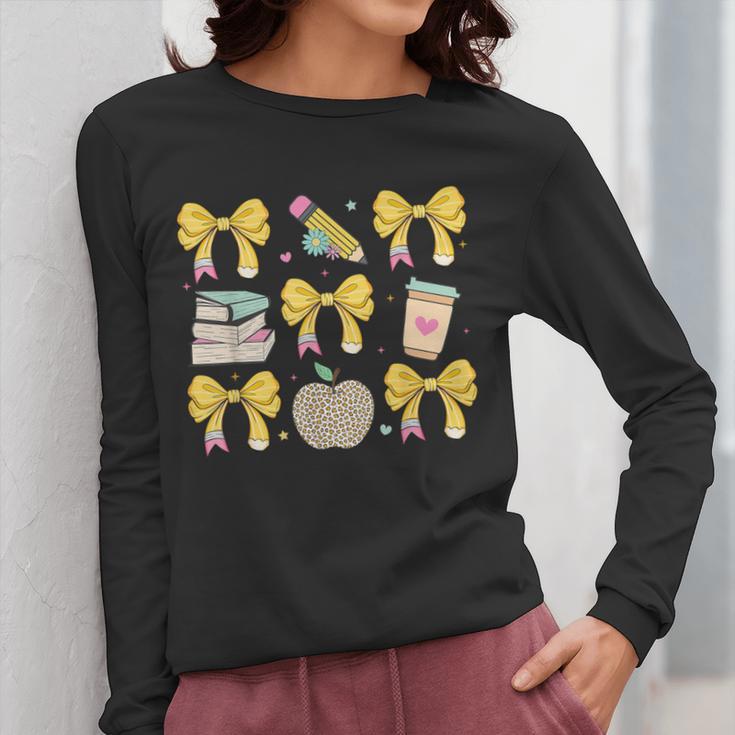 Back To School Yellow Bows Book Coffee Leopard Apple Teacher Women Long Sleeve T-Shirt, funny design