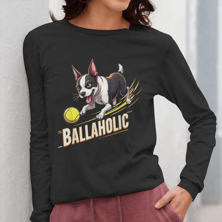 Ballaholic Boston Terrier Dog Chasing Bostie Ball Women Long Sleeve T-Shirt, funny design
