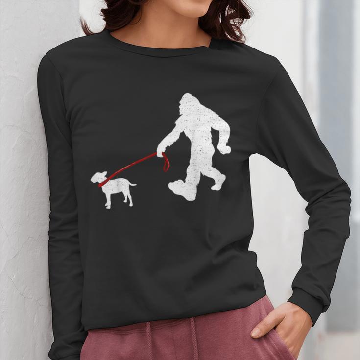 Bigfoot Walking With Bull Terrier Dog Women Long Sleeve T-Shirt, funny design