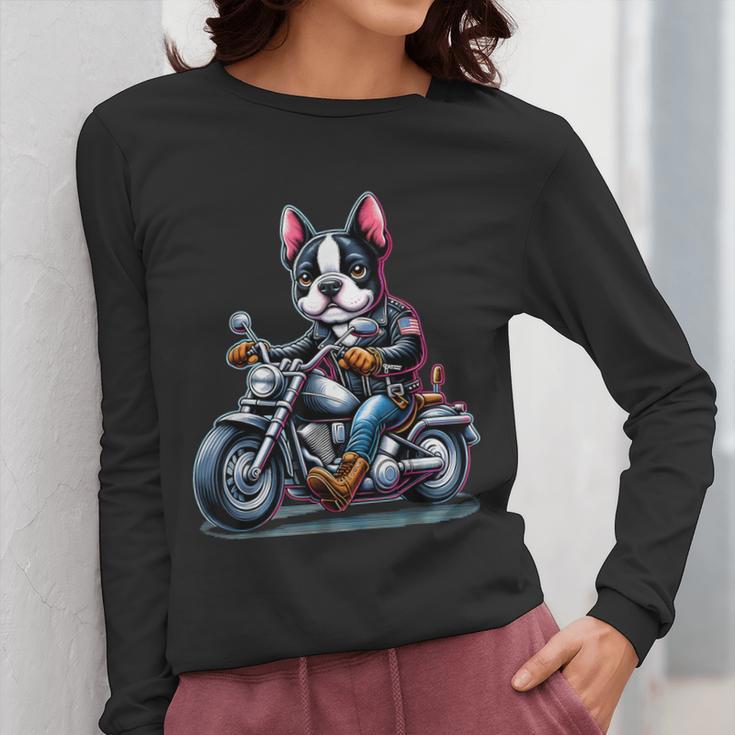 Biker Boston Terrier Dog Riding Motorbike Women Long Sleeve T-Shirt, Boston Terrier Riding Gifts, funny design