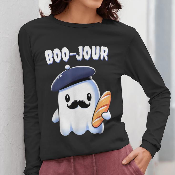 Boo Jour Ghost French Teacher Vintage Teacherlife Groovy Women Long Sleeve T-Shirt, Groovy Teacher Gifts, funny design