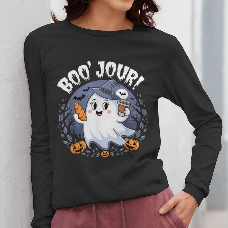 Boo Jour Ghost Halloween French Teacher Cute Coffe Croissant Women Long Sleeve T-Shirt, funny design