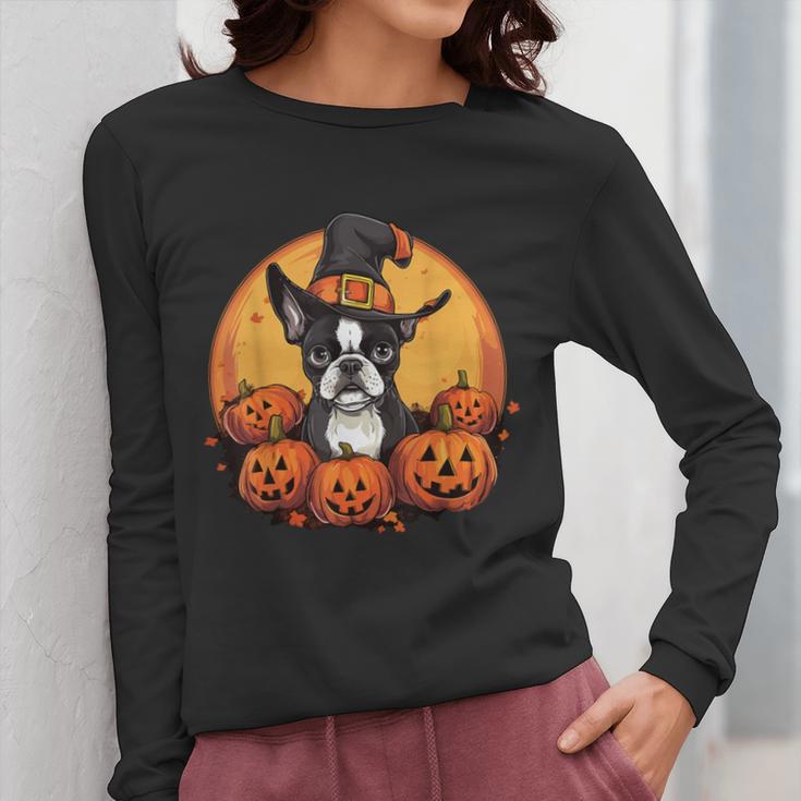 Boston Terrier Bostie Dog Breed Pet Halloween Pumpkins Women Long Sleeve T-Shirt, Boston Terrier Halloween Gifts, funny design