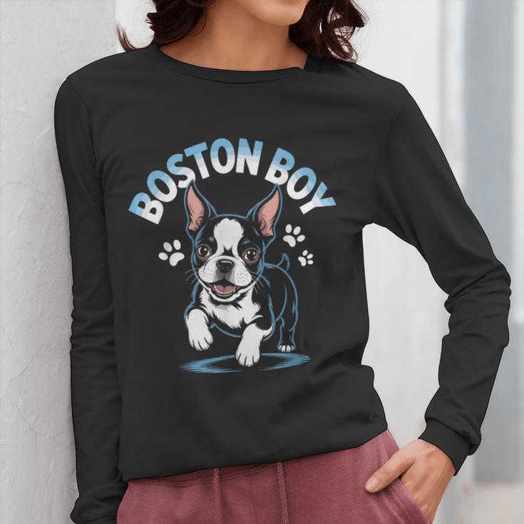 Boston Terrier Boy Cute Cartoon Dog Owner Pet Boston Terrier Women Long Sleeve T-Shirt, funny design