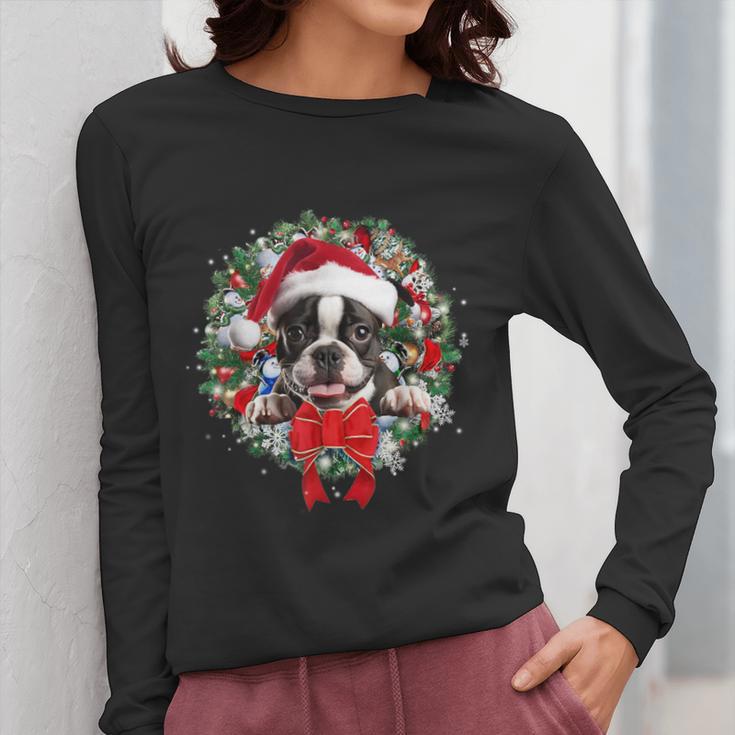 Boston Terrier Christmas Wreath Decoration Xmas Pajamas Women Long Sleeve T-Shirt, Boston Terrier Christmas Gifts, funny design
