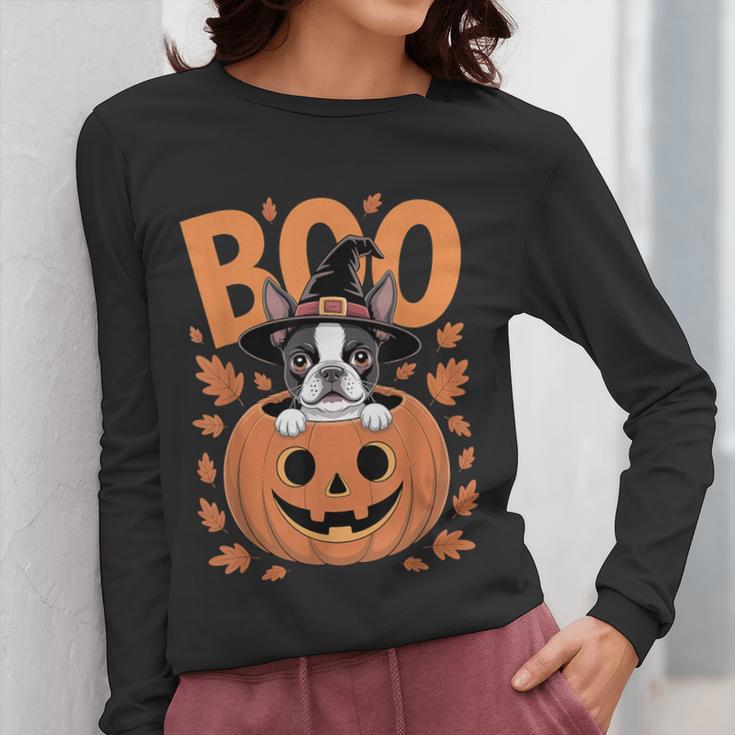 Boston Terrier Costume On Pumpkin Halloween Boston Terrier Women Long Sleeve T-Shirt, Boston Terrier Halloween Gifts, funny design