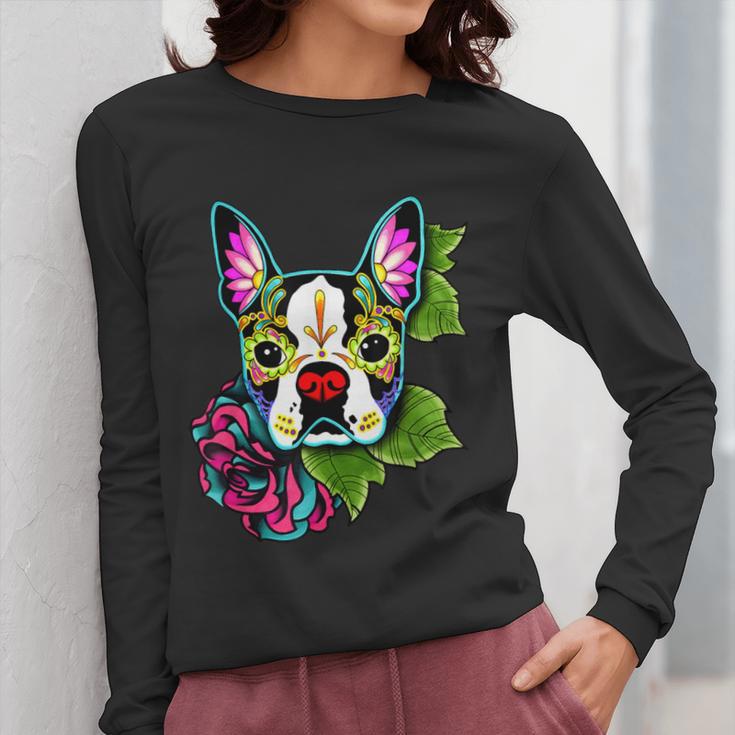 Boston Terrier In Day Of The Dead Sugar Skull Dog Women Long Sleeve T-Shirt, funny design