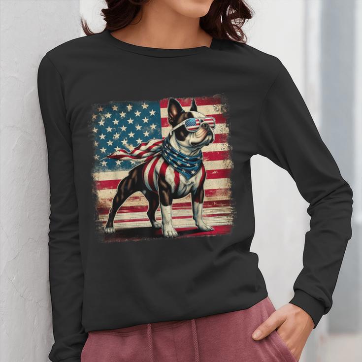 Boston Terrier Dog 4th Of July USA American Flag Patriotic Women Long Sleeve T-Shirt, Patriotic Boston Terrier Gifts, American Boston Terrier Gifts, Boston Terrier 4th Of July Gifts, funny design