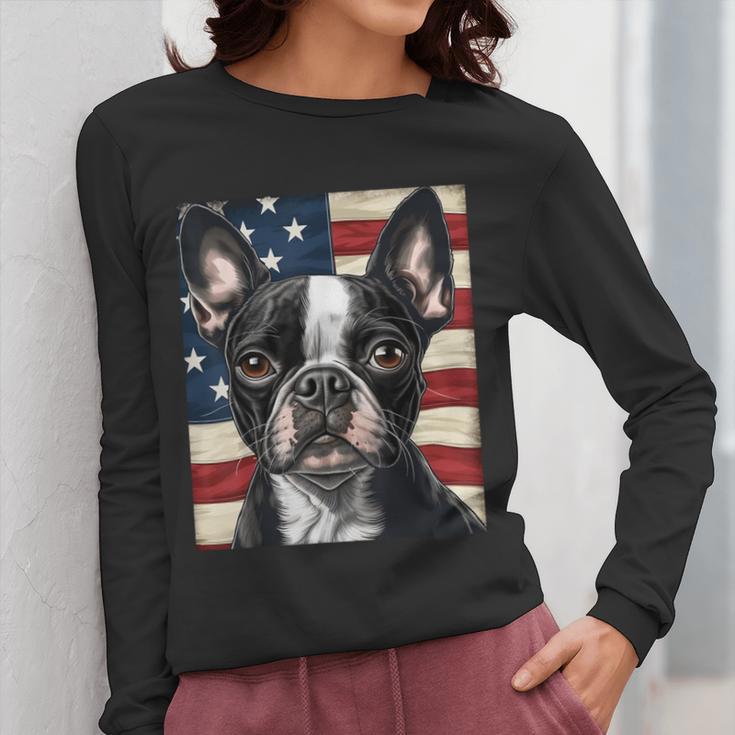 Boston Terrier Dog American Flag 4th Of July Patriotic Puppy Women Long Sleeve T-Shirt, Patriotic Boston Terrier Gifts, American Boston Terrier Gifts, Boston Terrier 4th Of July Gifts, funny design