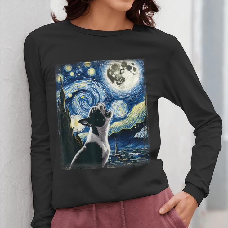 Boston Terrier Dog Art Van Gogh Starry Night Boston Terrier Women Long Sleeve T-Shirt, funny design