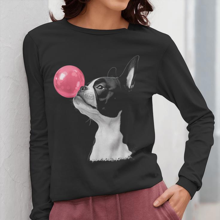 Boston Terrier Dog Blowing Chewing Bubble Gum Pink Women Long Sleeve T-Shirt, funny design