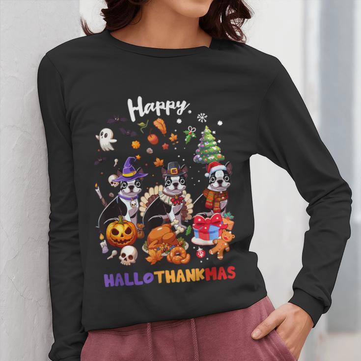 Boston Terrier Dog Christmas Happy Hallothankmas Halloween For Men Women Kids Women Long Sleeve T-Shirt, Boston Terrier Christmas Gifts, Boston Terrier Halloween Gifts, funny design