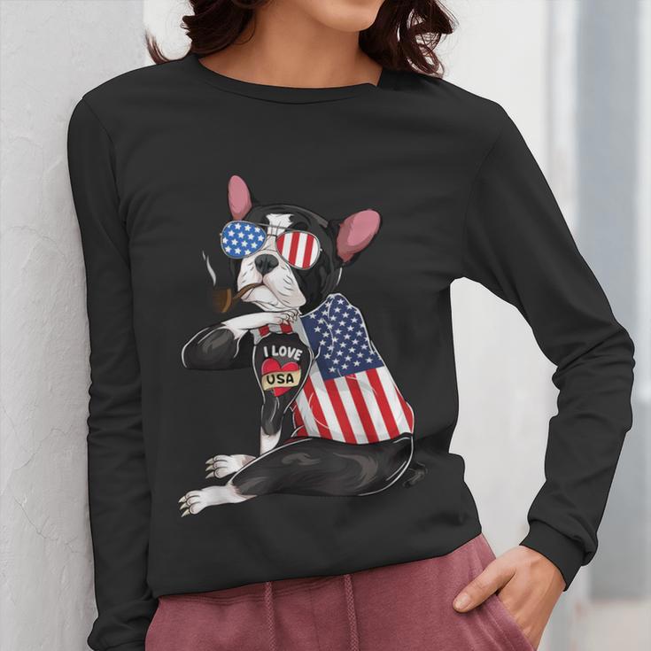 Boston Terrier Dog Merica 4th Of July Usa American Flag Men Women Long Sleeve T-Shirt, American Boston Terrier Gifts, Boston Terrier 4th Of July Gifts, funny design
