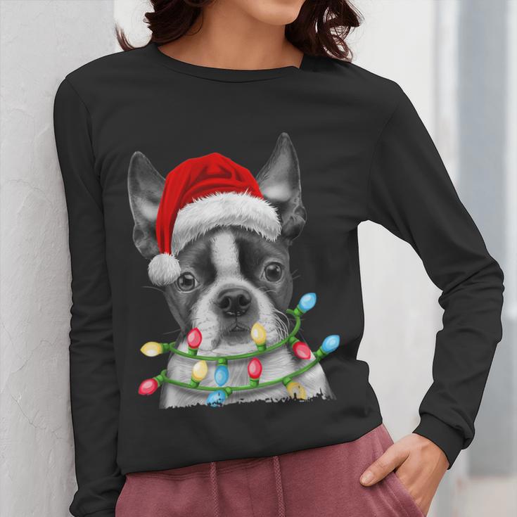 Boston Terrier Dog Santa Christmas Tree Lights Xmas Women Long Sleeve T-Shirt, Boston Terrier Christmas Gifts, funny design