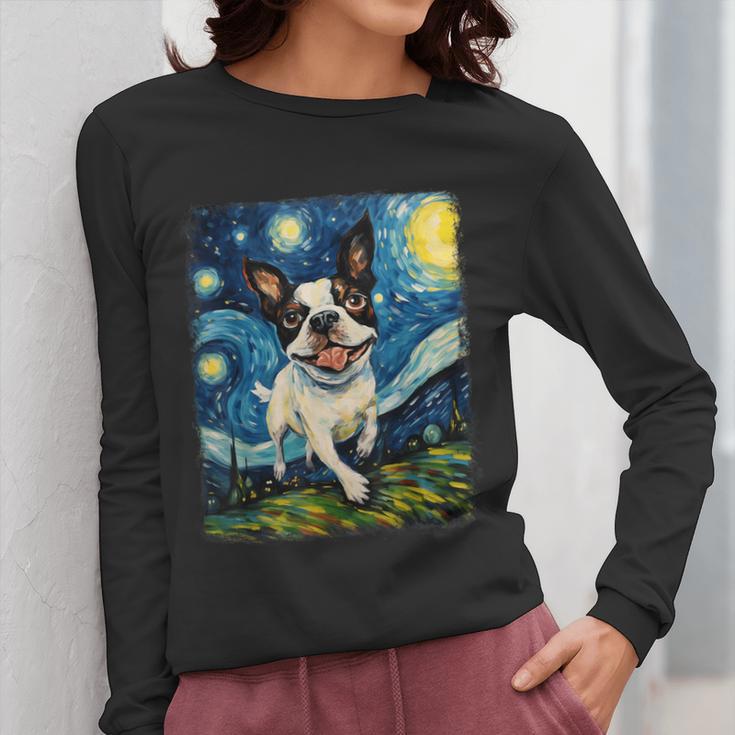 Boston Terrier Dog Starry Night Painting Women Long Sleeve T-Shirt, funny design