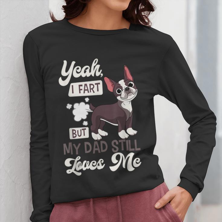 Boston Terrier Fart American Gentleman Non-Sporting Dog Women Long Sleeve T-Shirt, American Boston Terrier Gifts, funny design