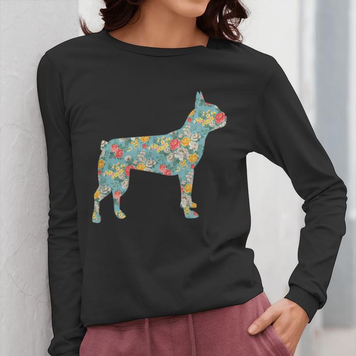 Boston Terrier Flower Silhouette Floral Dog Men Women Girls Kids Women Long Sleeve T-Shirt, funny design
