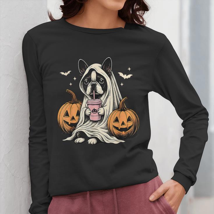 Boston Terrier Ghost Boo Halloween Costume Spooky Season Women Long Sleeve T-Shirt, Boston Terrier Ghost Gifts, Boston Terrier Halloween Gifts, funny design