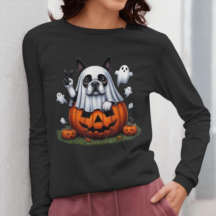 Boston Terrier Ghost Boo Halloween Kids Women Long Sleeve T-Shirt, Boston Terrier Ghost Gifts, Boston Terrier Halloween Gifts, funny design