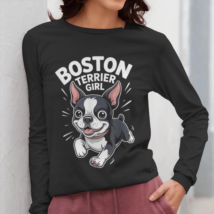 Boston Terrier Girl Cute Cartoon For Dog Owners Pet Terrier Women Long Sleeve T-Shirt, funny design