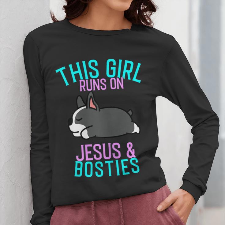 Boston Terrier This Girl Runs On Jesus And Boston Terriers Women Long Sleeve T-Shirt, funny design