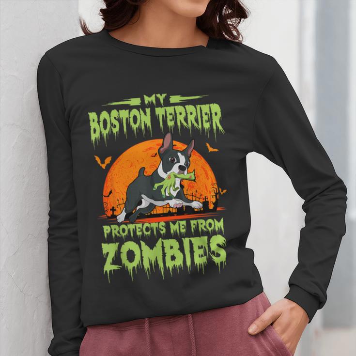 Boston Terrier Halloween Zombie American Gentleman Dog Lover Women Long Sleeve T-Shirt, Boston Terrier Halloween Gifts, American Boston Terrier Gifts, funny design