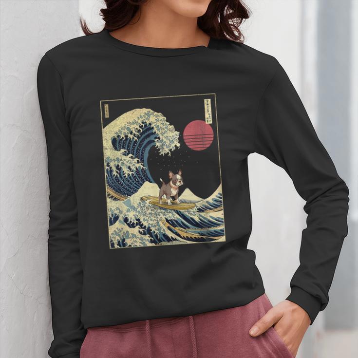 Boston Terrier Japanese Kanagawa Wave Surf Dog Women Long Sleeve T-Shirt, funny design