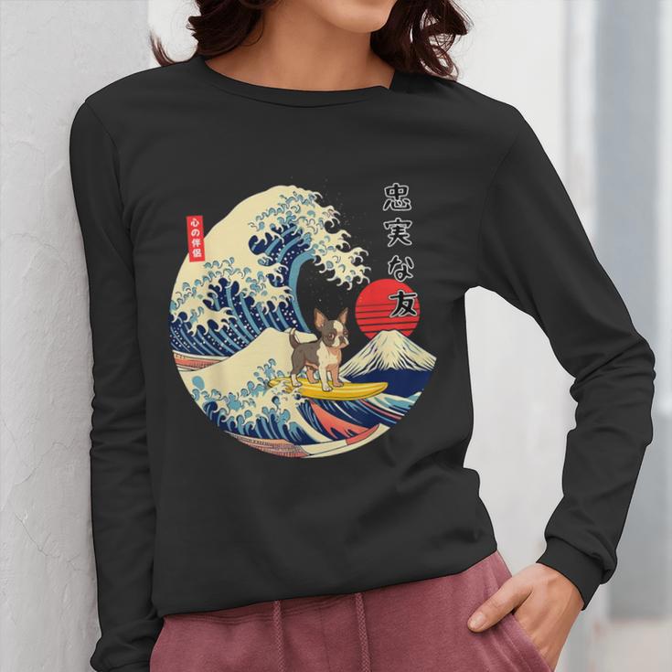 Boston Terrier Japanese Kanagawa Wave Surf Loyal Dog Men Women Kids Women Long Sleeve T-Shirt, funny design