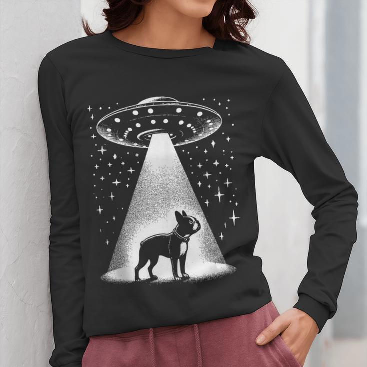 Boston Terrier Mom Dad Dog Alien UFO Women Long Sleeve T-Shirt, Couple Gifts, Mom Gifts, Boston Terrier Dad Gifts, Boston Terrier Mom Gifts, funny design