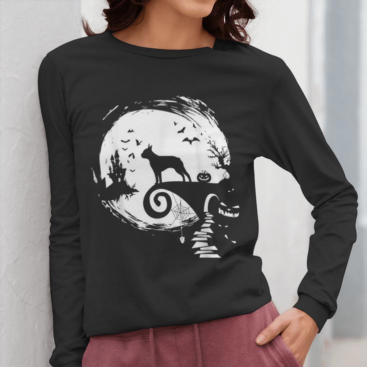 Boston Terrier And Moon Halloween Costume Dog Lover Women Long Sleeve T-Shirt, Boston Terrier Halloween Gifts, funny design