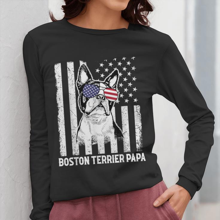 Boston Terrier Papa Cool Dog Lover USA American Flag Men Women Women Long Sleeve T-Shirt, American Boston Terrier Gifts, funny design