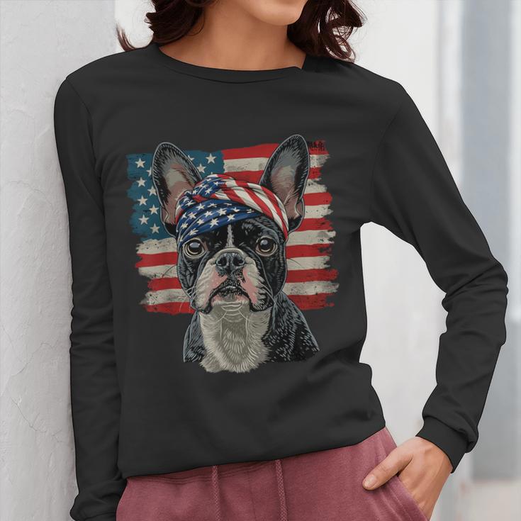 Boston Terrier Patriotic 4th Of July USA American Flag Women Long Sleeve T-Shirt, Patriotic Boston Terrier Gifts, American Boston Terrier Gifts, Boston Terrier 4th Of July Gifts, funny design