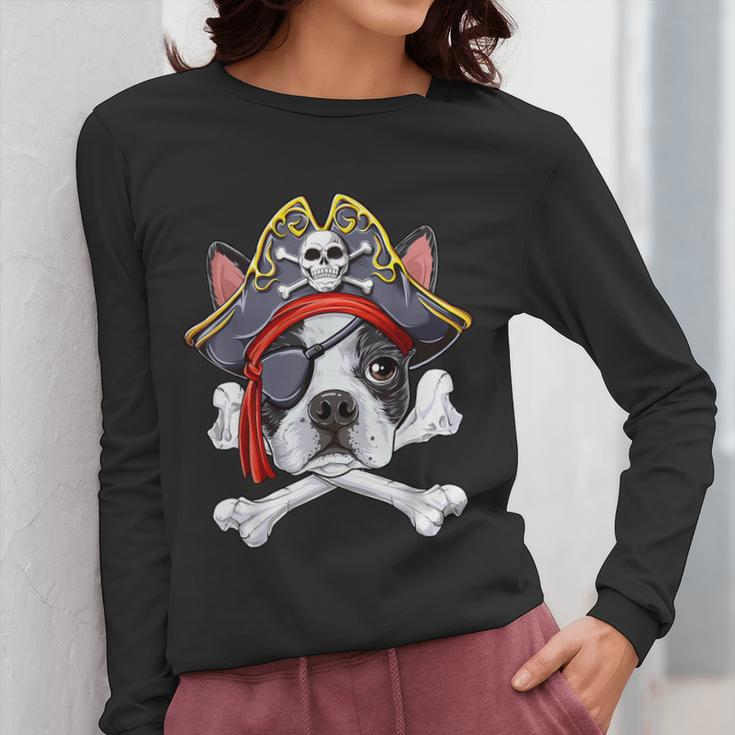 Boston Terrier Pirate T Shirt Jolly Roger Crossbones Skull Women Long Sleeve T-Shirt, funny design
