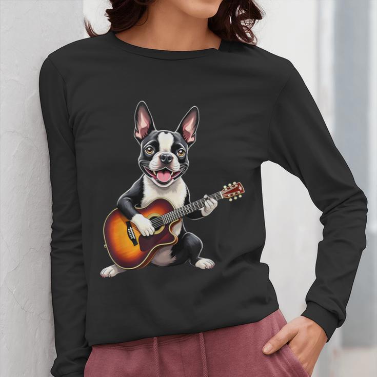 Boston Terrier Playing Guitar Boston Terrier Women Long Sleeve T-Shirt, funny design
