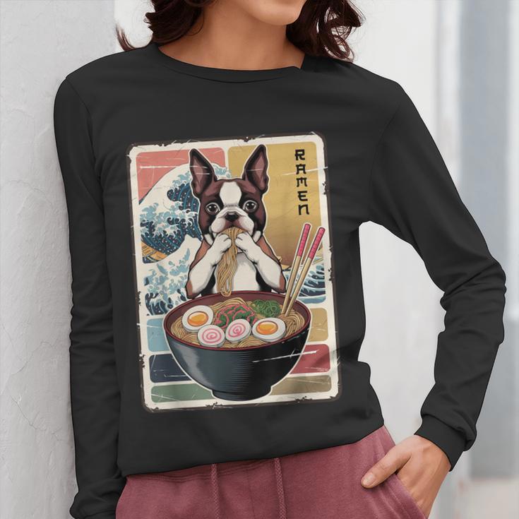 Boston Terrier Ramen Noodles Japanese Art Retro Ocean Waves Women Long Sleeve T-Shirt, funny design