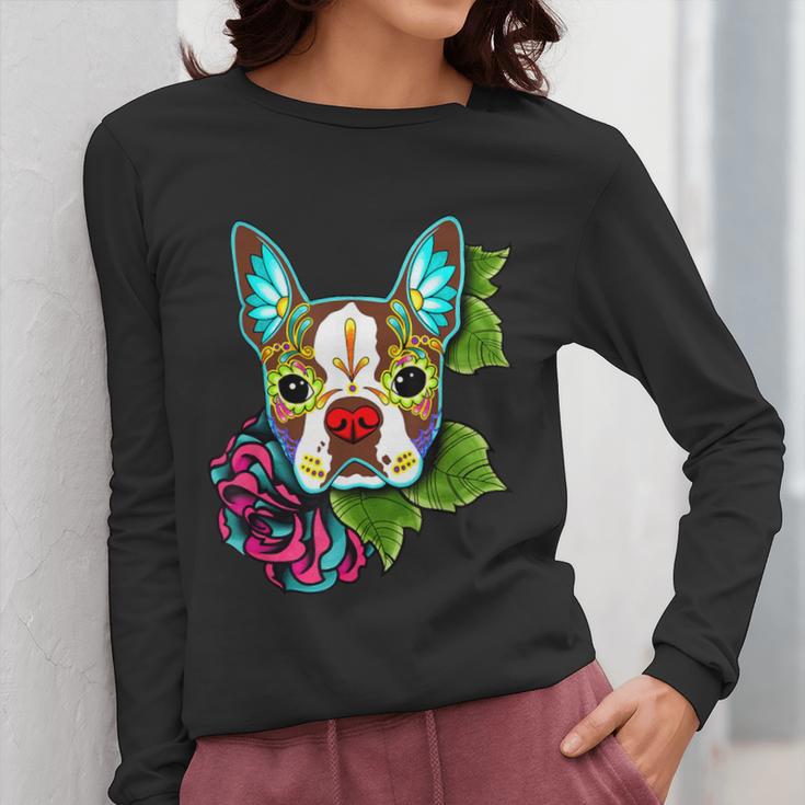 Boston Terrier In Red Day Of The Dead Sugar Skull Dog Women Long Sleeve T-Shirt, funny design